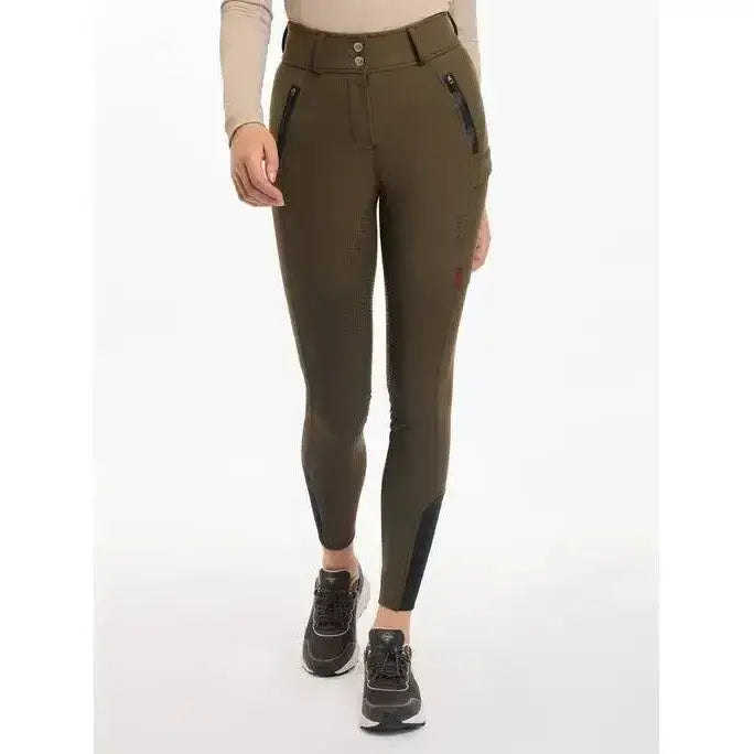 Olive green lemieux drytex waterproof breeches with black zippers and buttoned waistband seat alpine design