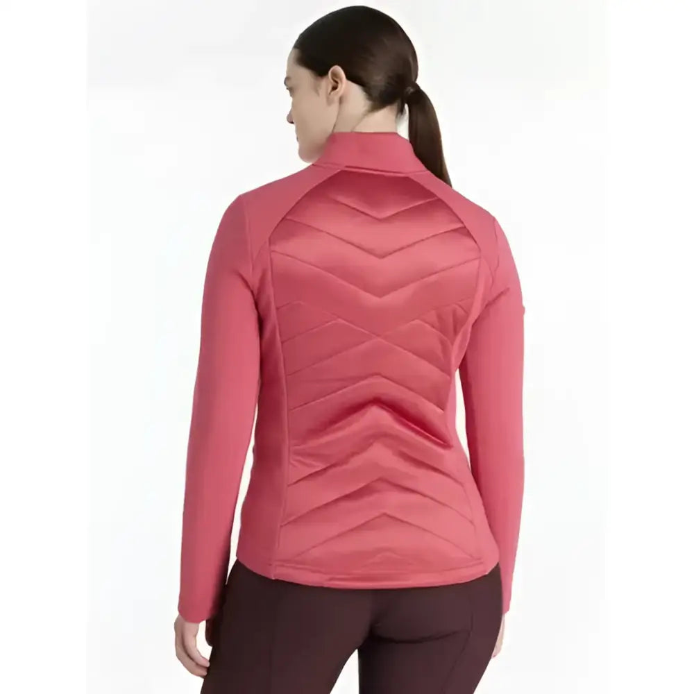 Pink quilted lemieux dynamique jacket with high collar and chevron stitching in dynamic jacket cranberry color