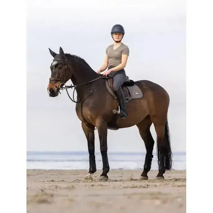 A dark brown horse on a sandy beach wearing a lemieux earth close contact square moss saddle pad and bridle