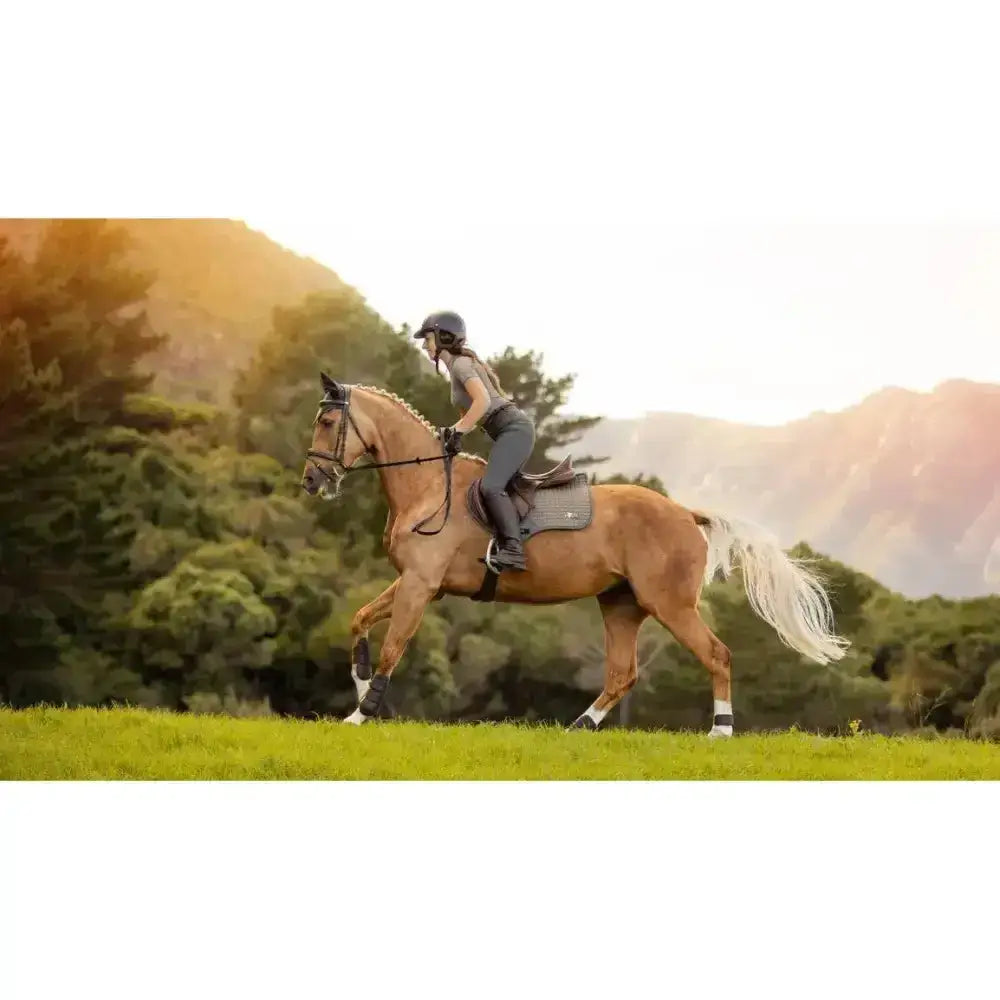 A light brown horse wearing black boots with a lemieux earth close contact square moss saddle pad