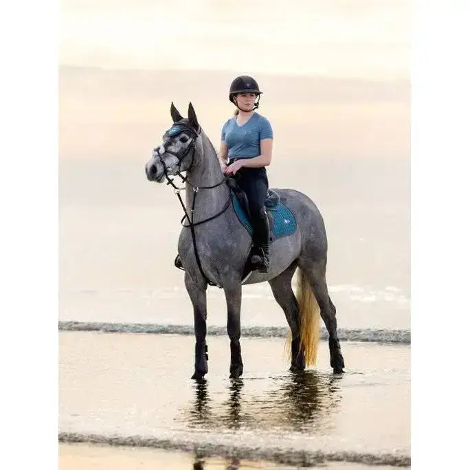 A gray horse with a golden mane wearing black lemieux earth close contact saddle pad stands in shallow water