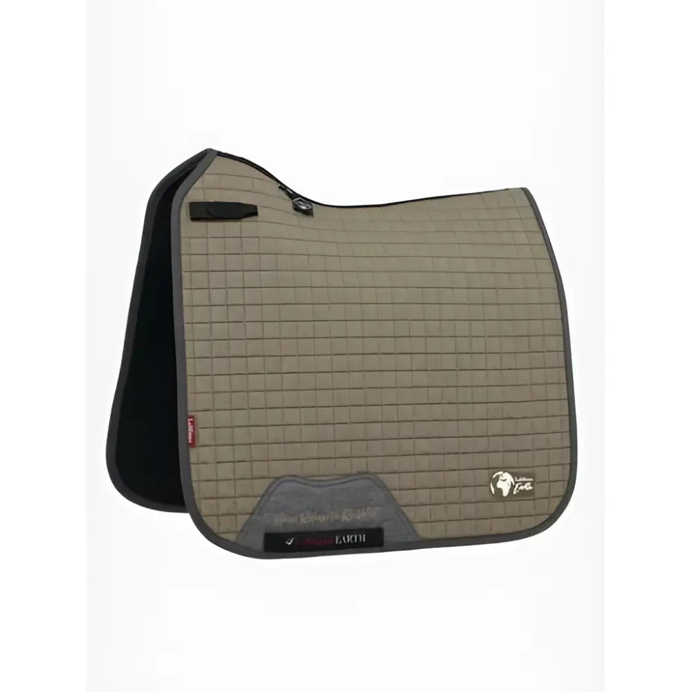 Gray quilted lemieux earth dressage saddle pad with black trim and karh logo in earth dressage square moss style
