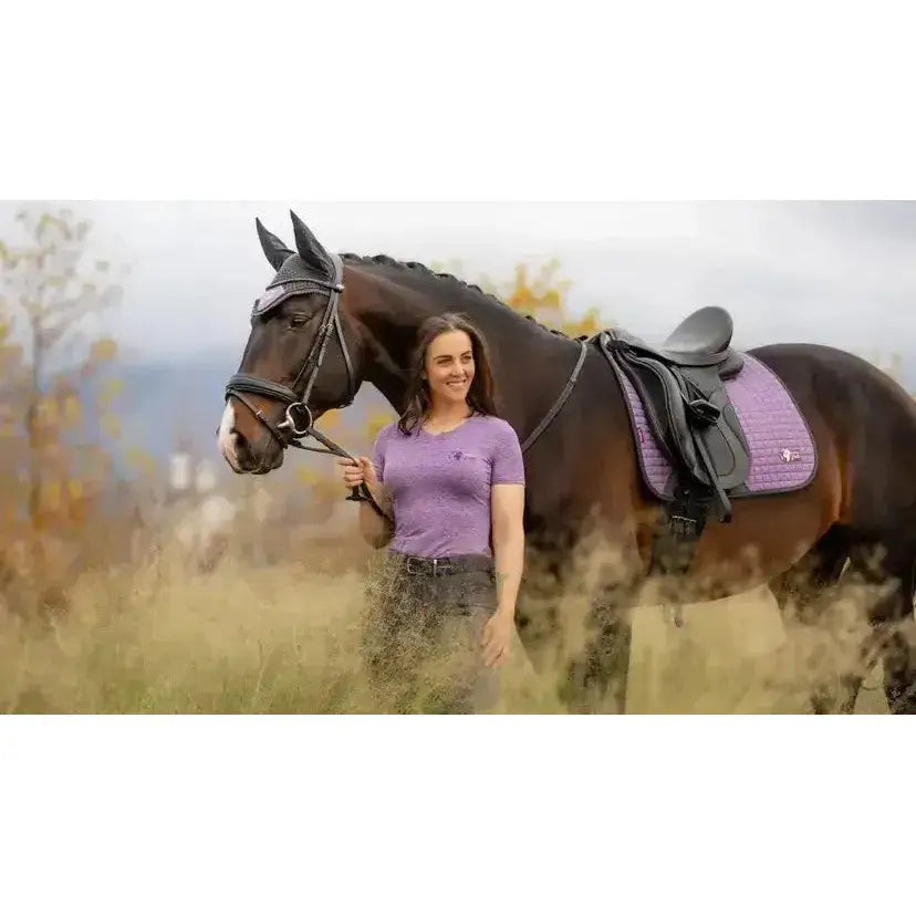 Purple quilted lemieux earth dressage square thistle saddle pad with black trim and white logo for dressage use