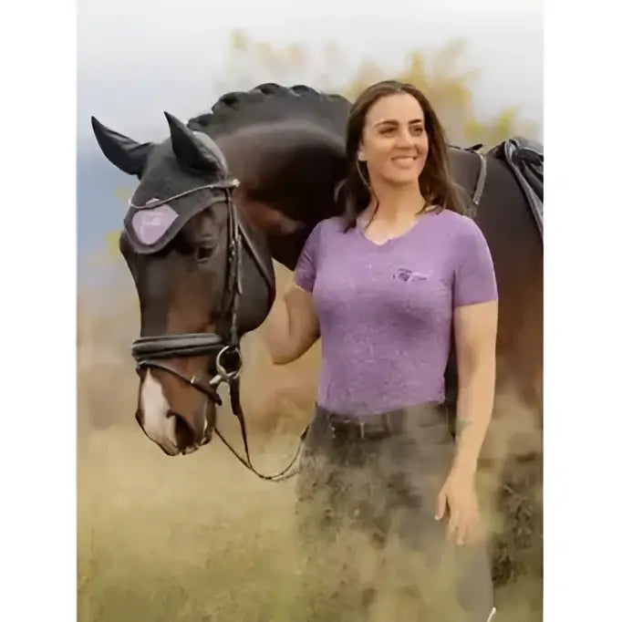 Purple short-sleeved lemieux earth fly equestrian shirt made from recycled plastic bottles with small chest logo