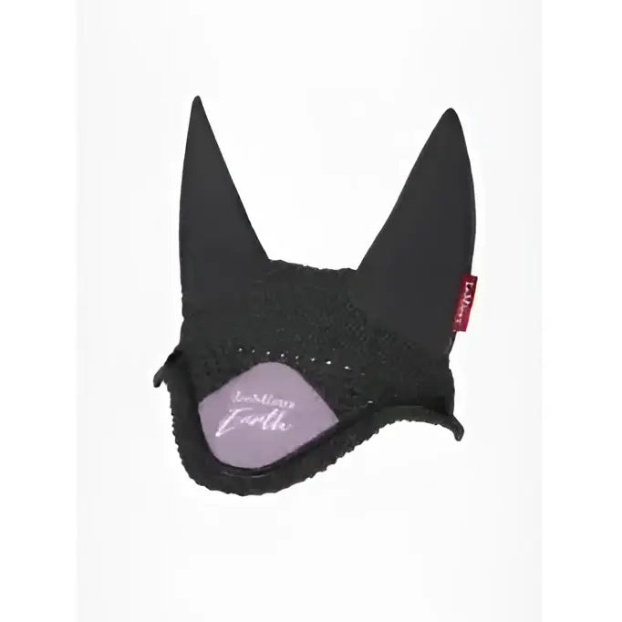 Black knitted lemieux earth fly hood with pointed tips and purple love my earth patch made from recycled plastic bottles