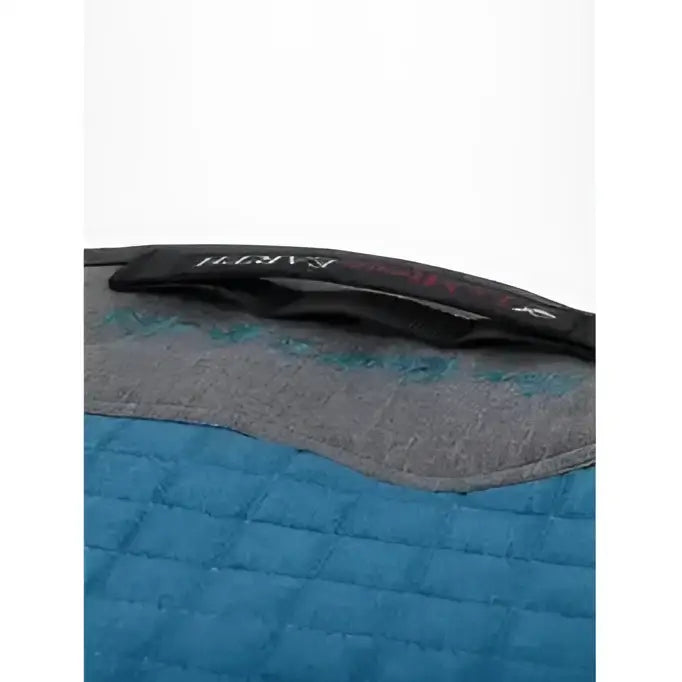 Blue quilted lemieux earth gp square saddle pad with gray border and black strap featuring earth logo