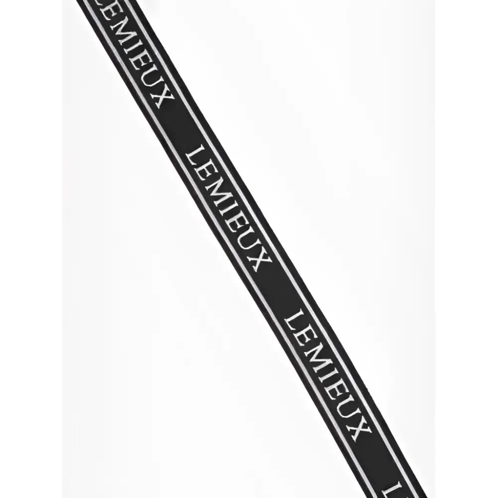Black satin lemieux elasticated belt with white logo repeated on elasticated belt black material strip