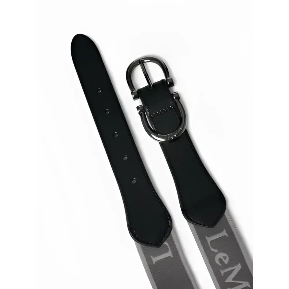 Lemieux elasticated belt dark grey with black leather buckle and gray woven strap featuring levi’s logo in white