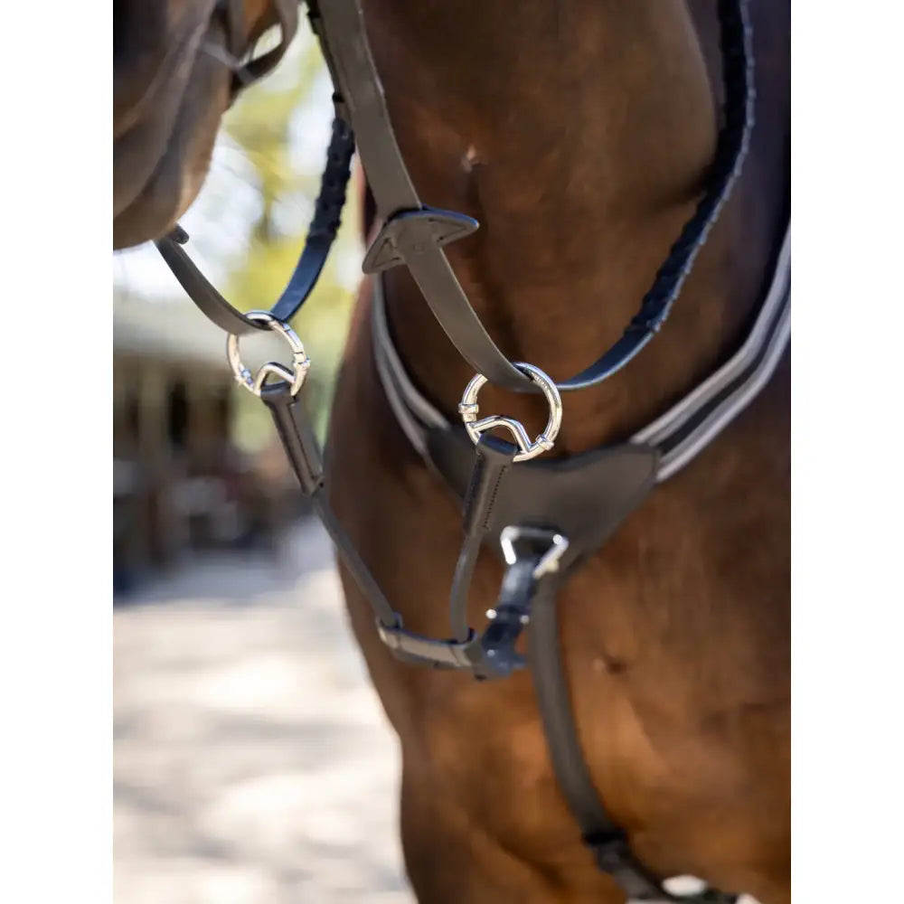 Black leather lemieux elasticated horse bridle with silver metal hardware blue trim and precise fitting elasticated cord
