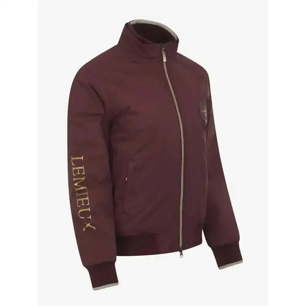 Maroon lemieux elite crew jacket with gold lettering on sleeve ribbed cuffs collar trim and logo patch