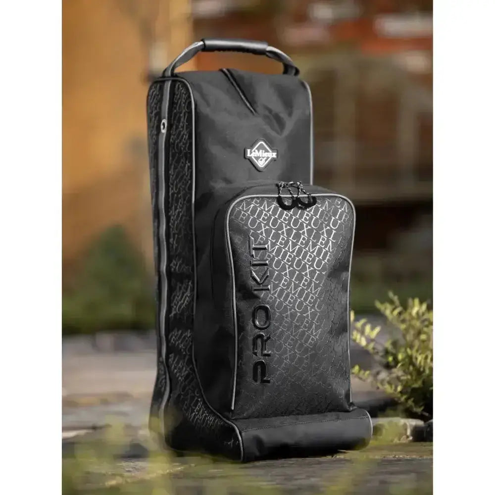 Black lomax pro kit shoe bag with subtle pattern and bold vertical lettering for lemieux elite pro boot hat bag black