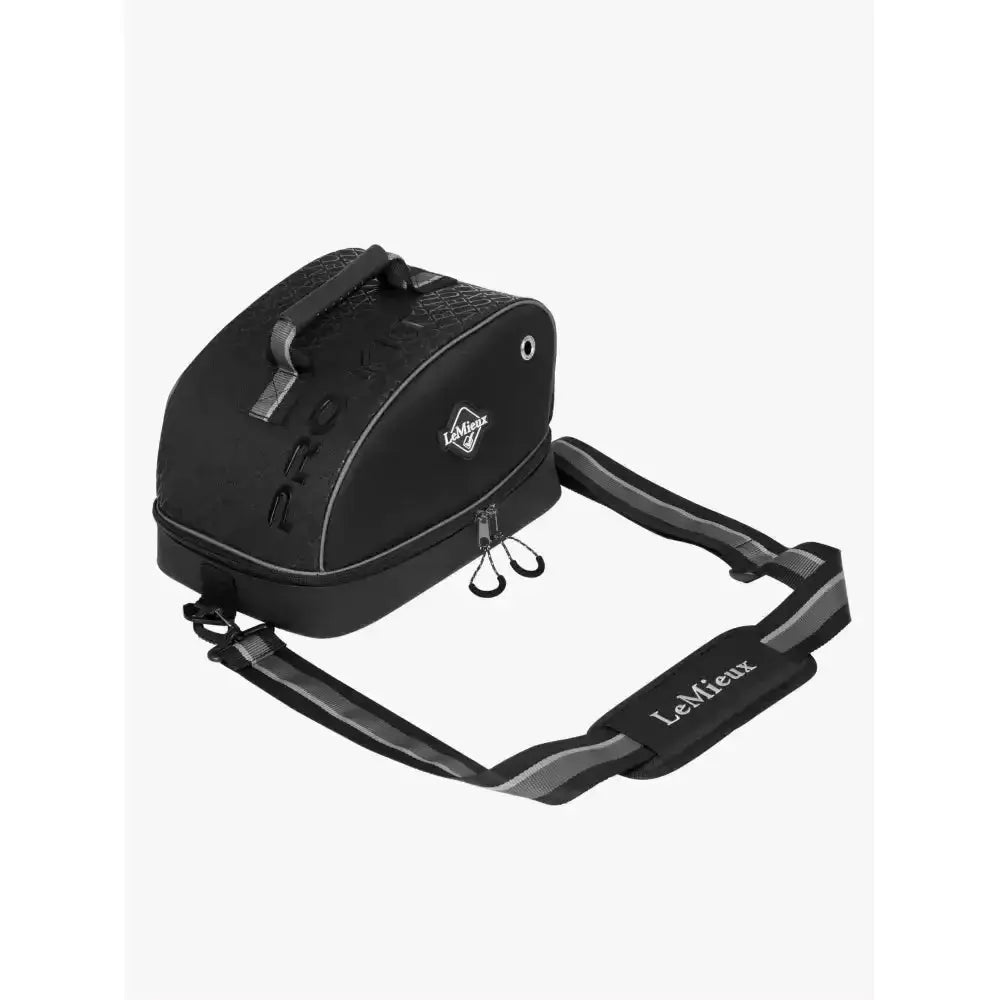Black lemieux elite pro riding hat bag with gray reflective stripes and detachable shoulder strap for easy carry