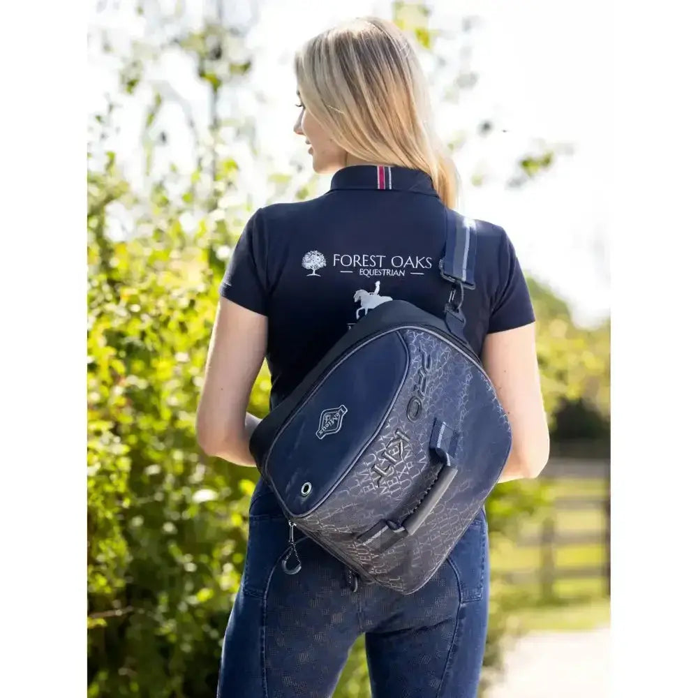 Navy blue and gray patterned lemieux elite pro riding hat bag navy with embroidered logos perfect for pro riding hats
