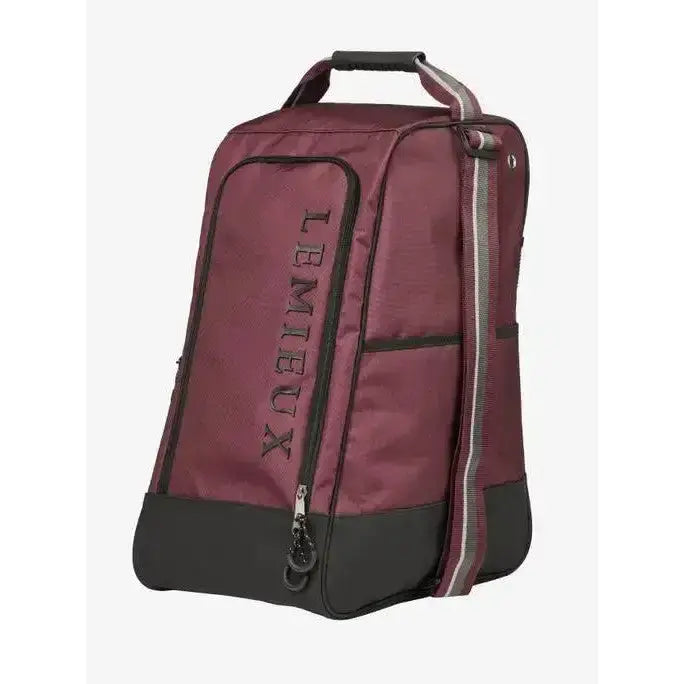 Maroon and black lemieux elite wellington boot bag burgundy with striped strap perfect for easy boot storage