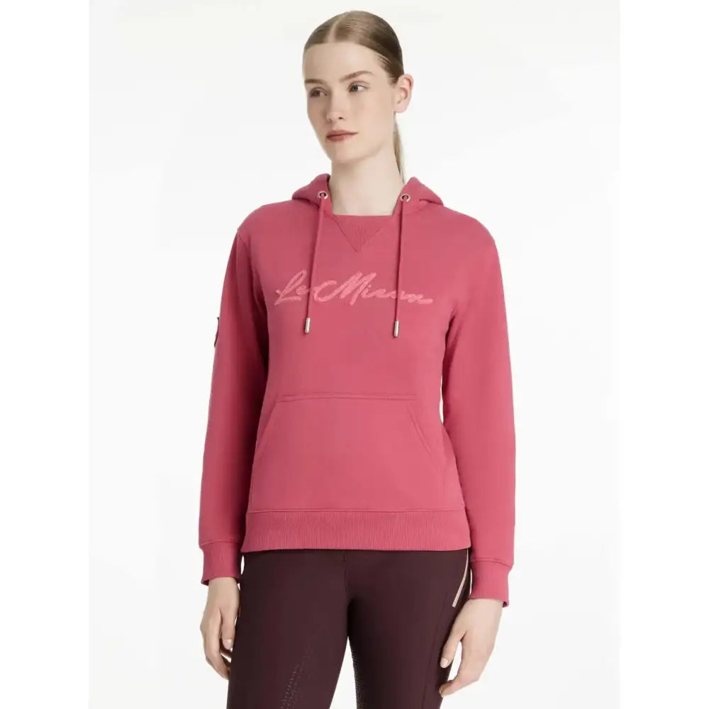 Pink lemieux elspeth hoodie cranberry with cursive logo and drawstrings perfect for cozy casual wear