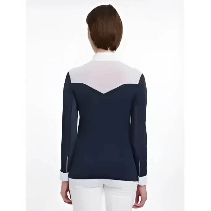Back view of lemieux emily long sleeve navy competition shirt with sheer panel and color-blocked design
