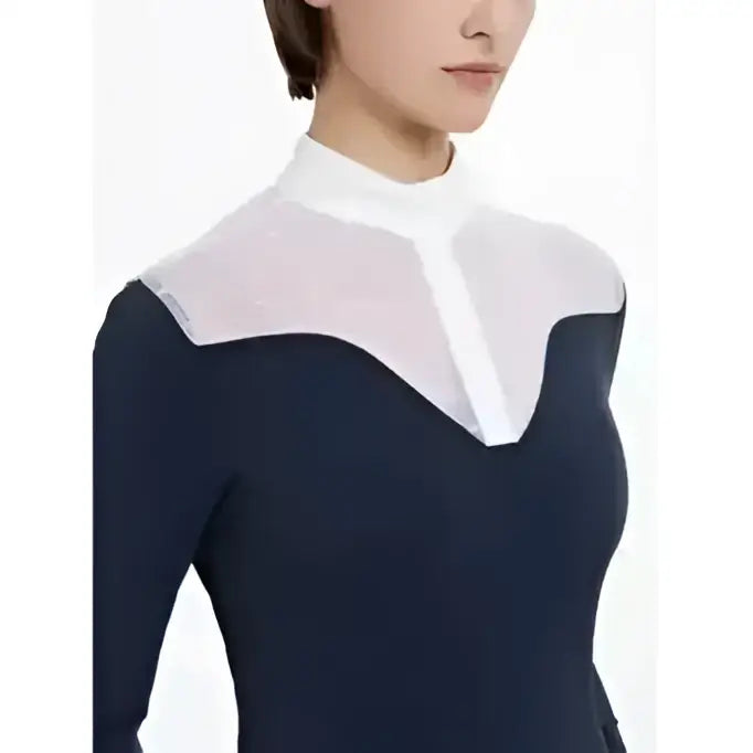 Navy lemieux emily long sleeve competition shirt with white sheer panel at high neckline for show wear