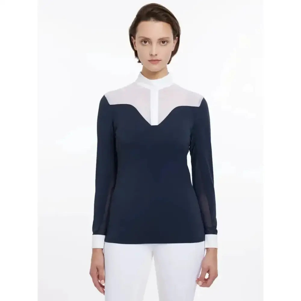 Lemieux emily long sleeve navy competition shirt with sheer mesh panels at neckline and cuffs for riding wear