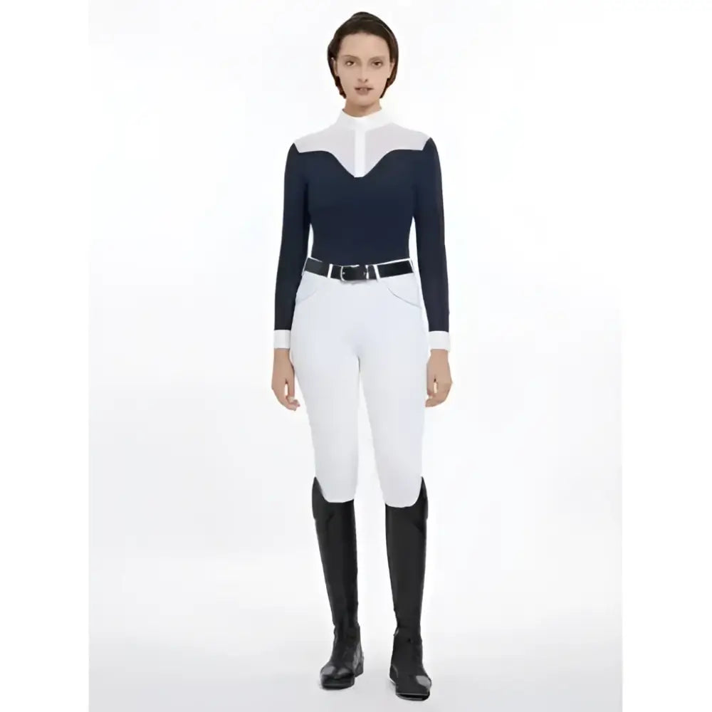 Lemieux emily long sleeve navy shirt with white high collar and contrasting shoulder and cuff panels for riding
