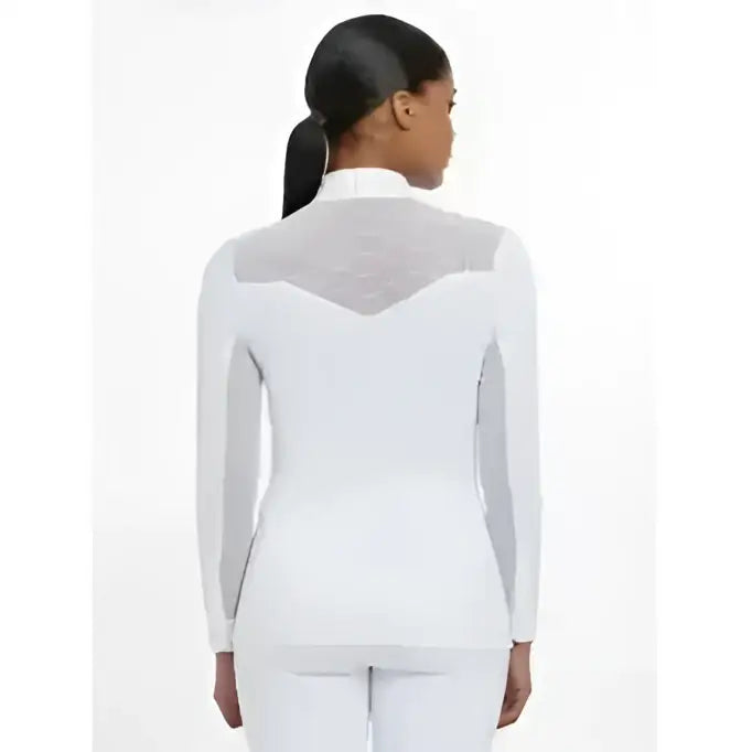 Back view of lemieux emily long sleeve white shirt with sheer mesh panel for a stylish breathable look