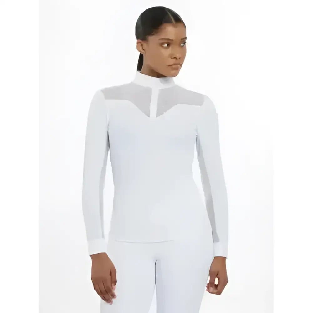 White lemieux emily long sleeve shirt with sheer mesh panels on shoulders and chest for equestrian shows