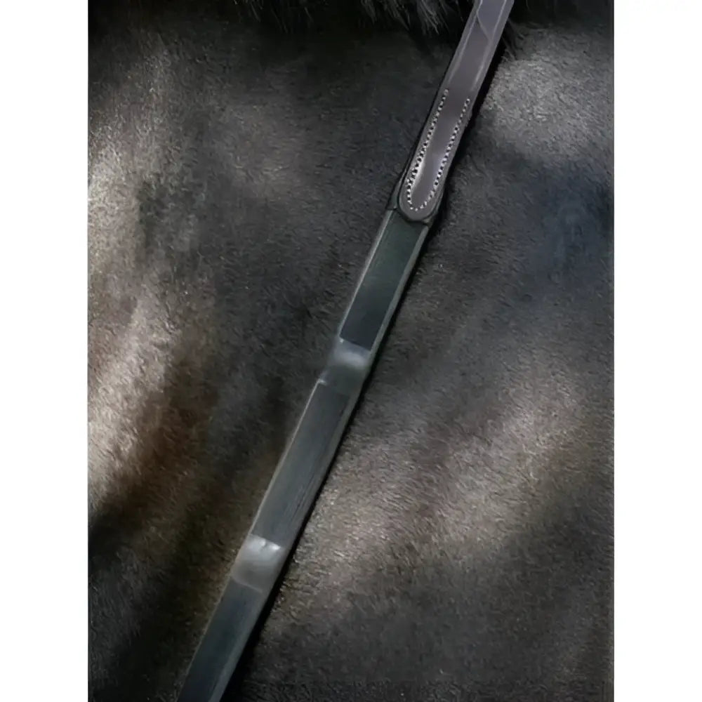 Black leather lemieux ergo grip horse bridle strap with stitched edges and dark green textured woven rubber reins brown