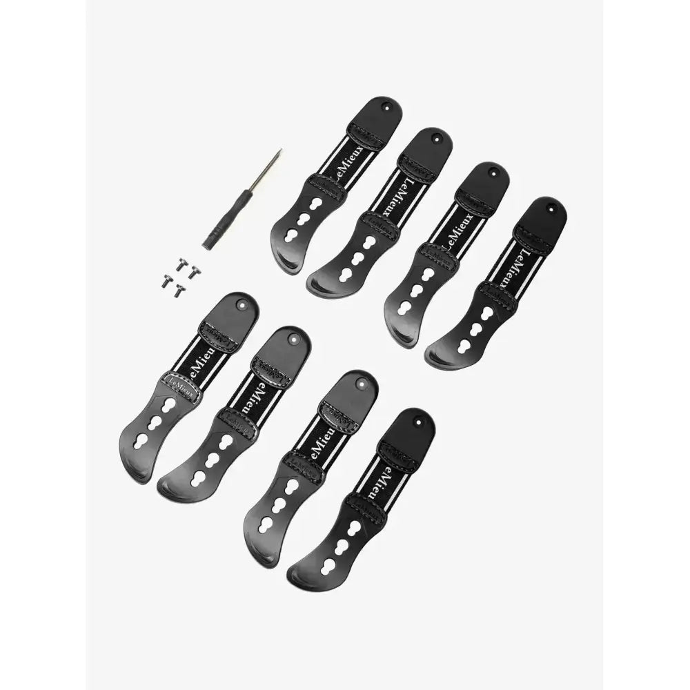 Black leather lemieux exo-flex® fetlock spare strap loops with silver metal hardware and embossed branding
