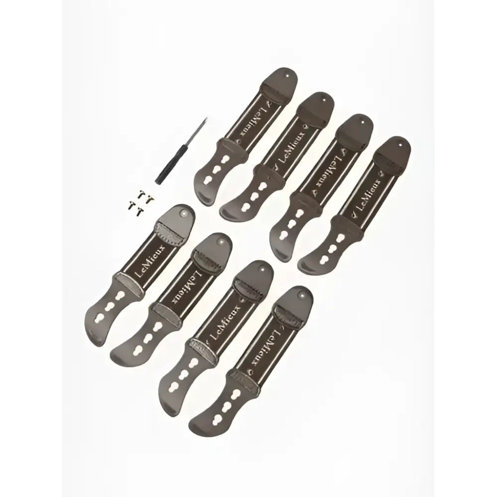 Set of eight black metal les paul guitar strap plates with engravings for lemieux exo-flex® fetlock spare strap use