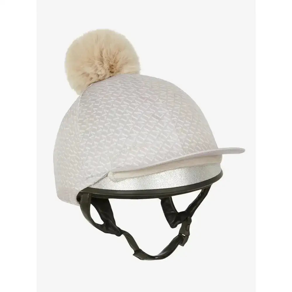 Silver quilted lemieux faith hat cover with cream faux fur pom pom made for faith hat silk riders