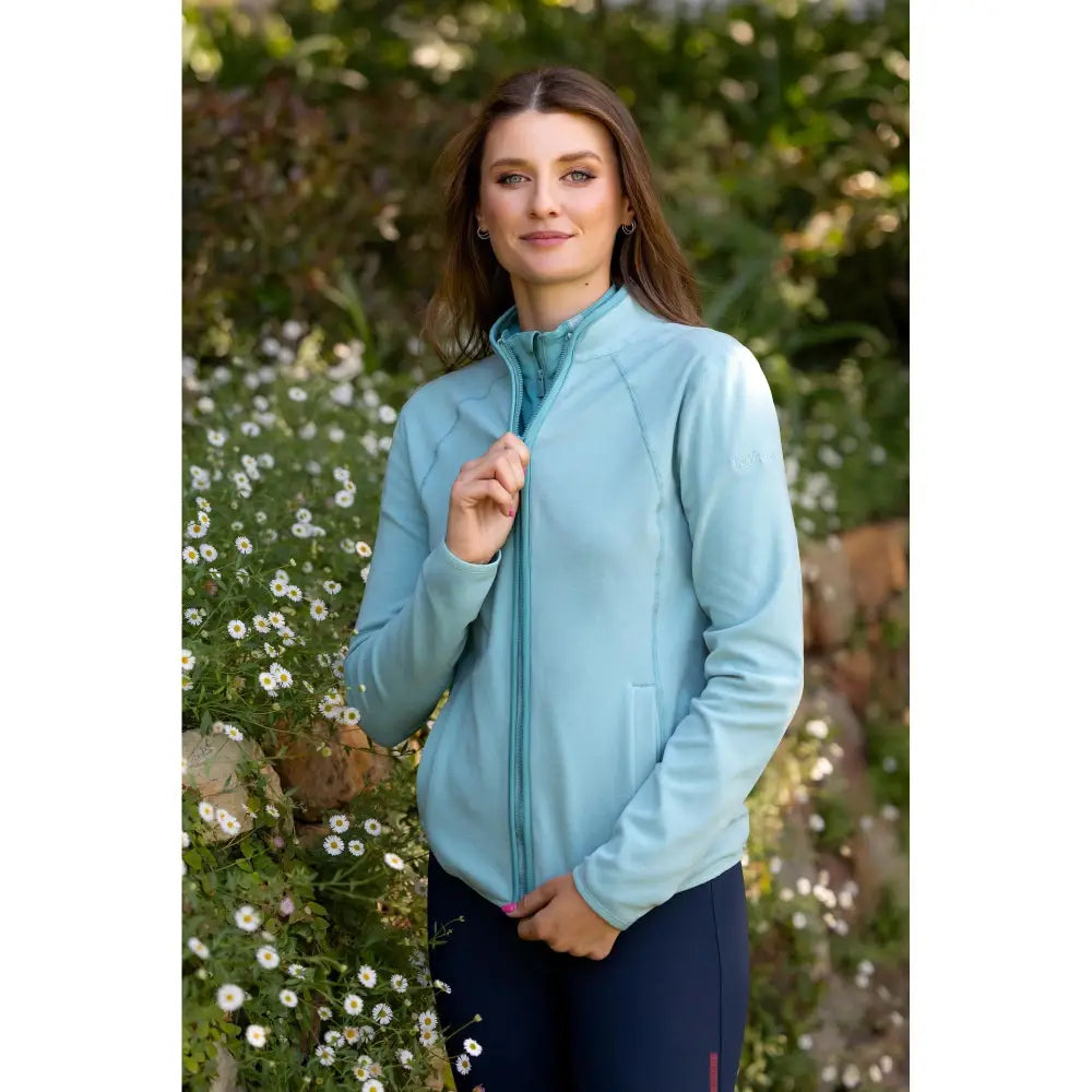 Light blue lemieux faye fleece zip with high collar and long sleeves made from soft aqua fleece material