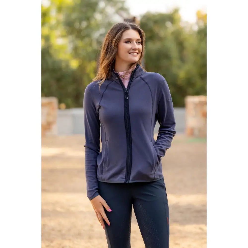 Navy blue lemieux faye fleece zip jacket with long sleeves and front pockets in dusk blue for athletic wear