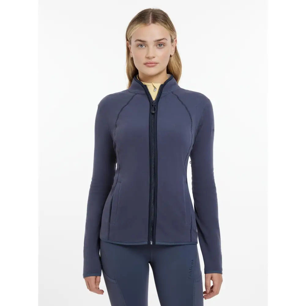Navy blue lemieux faye fleece zip jacket with subtle seams and sleek form fitting design in dusk blue color