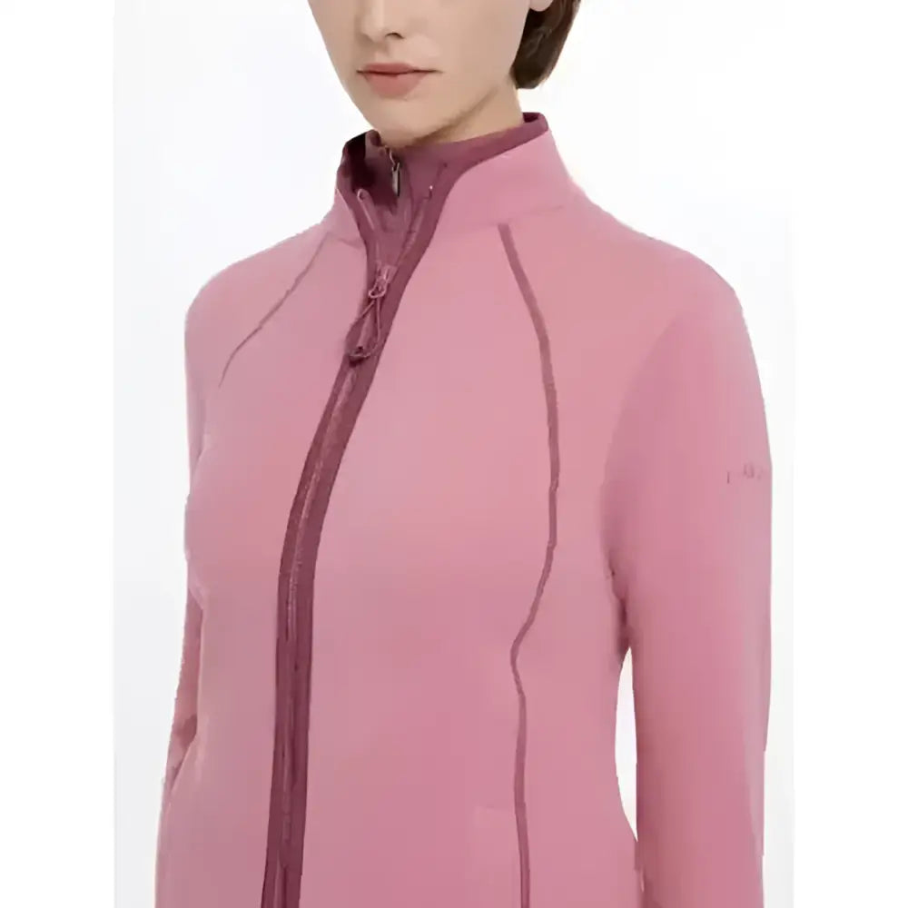 Pink lemieux faye fleece zip jacket with high collar and matching zipper pull in soft peony color