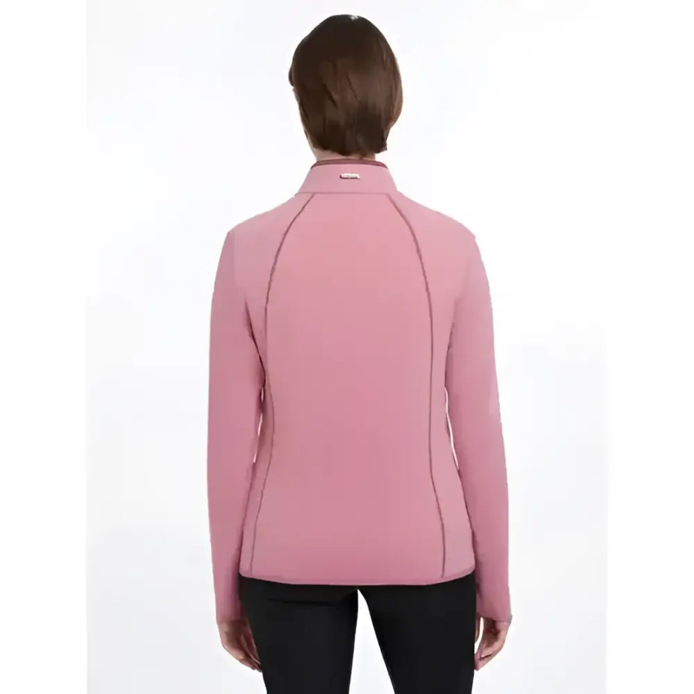 A soft pink lemieux faye fleece zip jacket with long sleeves and subtle dark seam stitching in peony color
