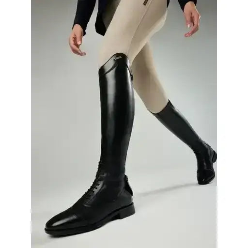 Black lemieux field riding boot in premium leather with elastic calf gussets and a sleek lace-up design