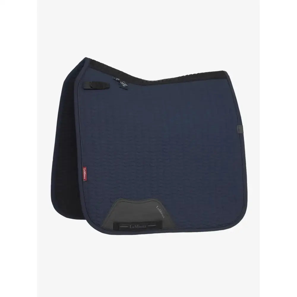 Navy blue lemieux finesse dressage faux leather saddle pad with black trim and gray reinforced front panel finesse dressage square
