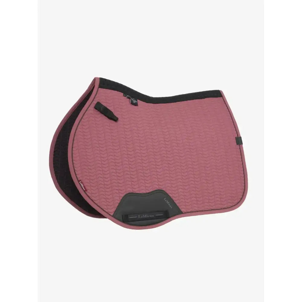 Pink and black lemieux finesse eurojump saddle pad with textured surface and feldmann logo on dark gray eurojump square rosewood panel