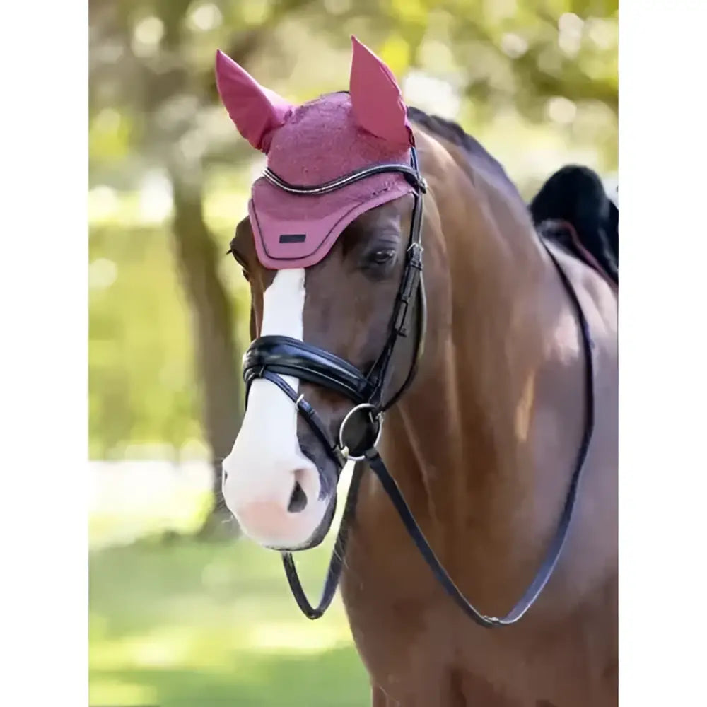Lemieux finesse fly hood in rosewood pink textured fabric with black trim and ear covers for horse protection