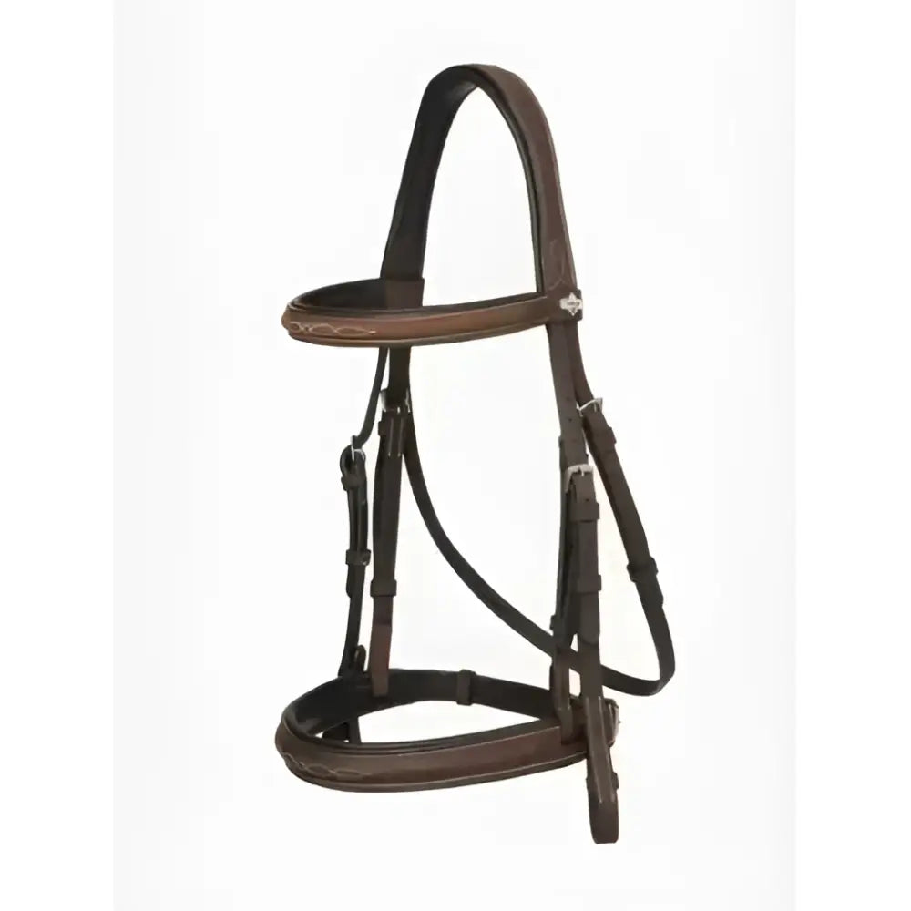 Brown leather lemieux flat hunter bridle with stitched detailing and silver metal hardware with laced reins havana