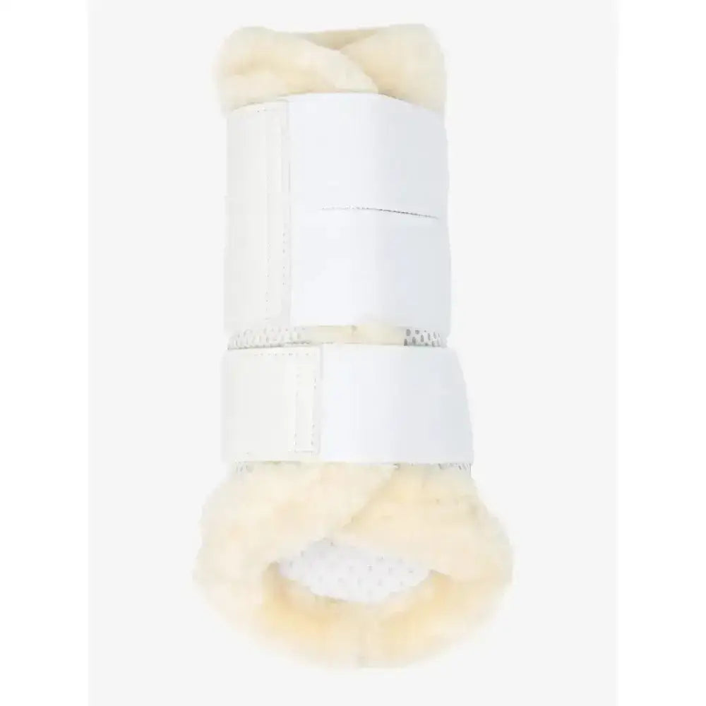White lemieux fleece edged mesh brushing boot with cream fleece lining and adjustable straps for hoof protection