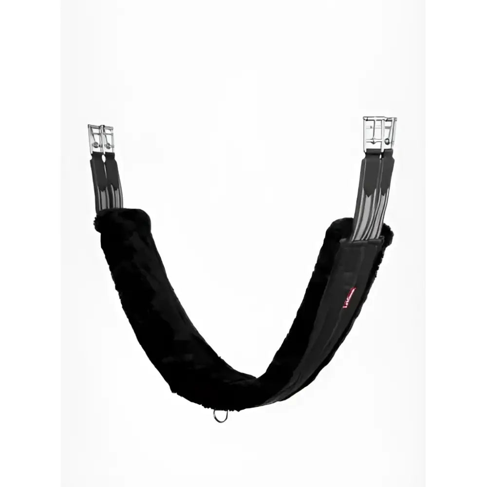 Black padded lemieux fleece lined anatomic girth black with silver buckles and small red logo on the side