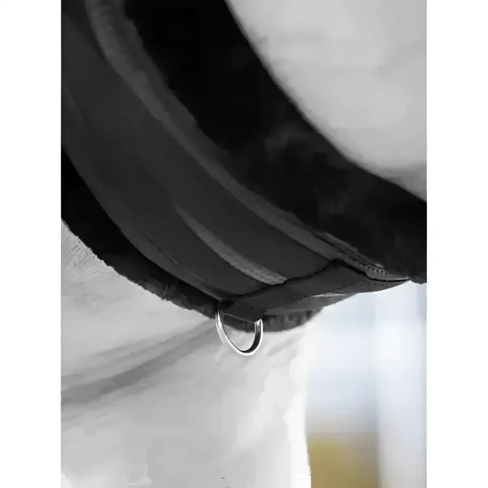 Black leather lemieux fleece lined anatomic girth black with silver metal ring on underside back side view