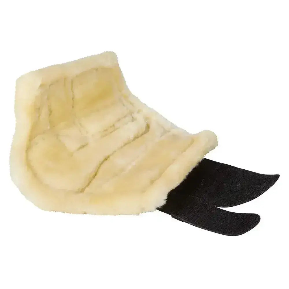 Cream-colored sheepskin lemieux fleece lined saddle pad with black leather straps for natural beautifully fitting use