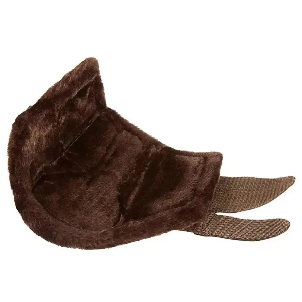 Brown faux fur cat ear headband with adjustable elastic straps next to lemieux fleece lined brushing boots brown