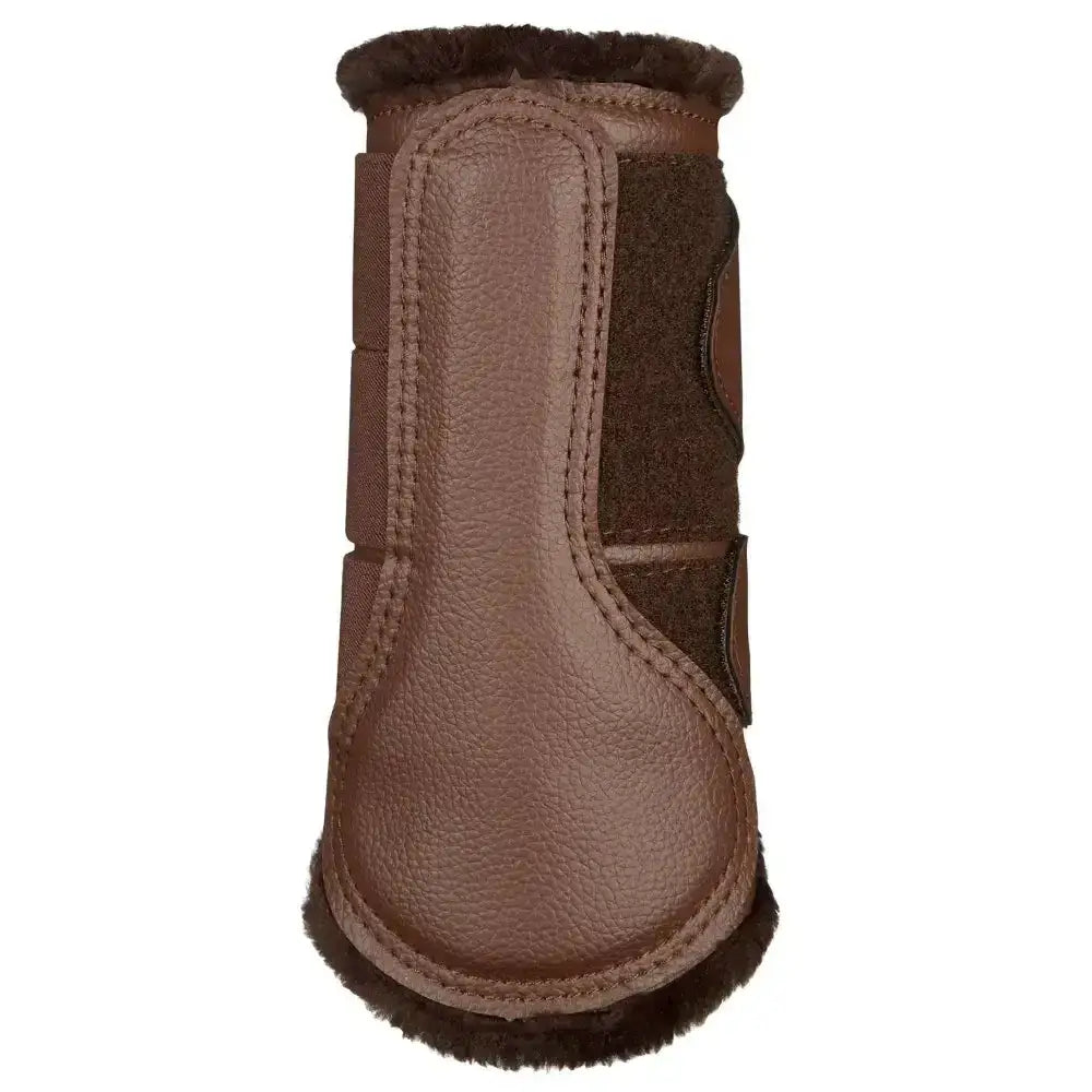 Brown leather lemieux fleece lined brushing boots with plush fur lining and adjustable strap for a beautifully fitting boot