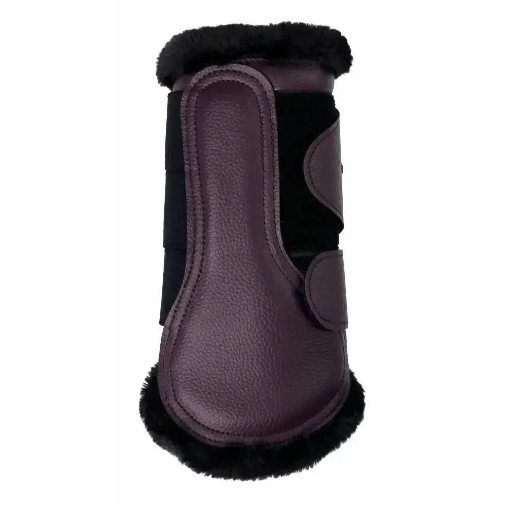 Purple leather lemieux fleece lined brushing boots fig with black shearling trim and adjustable strap for protection