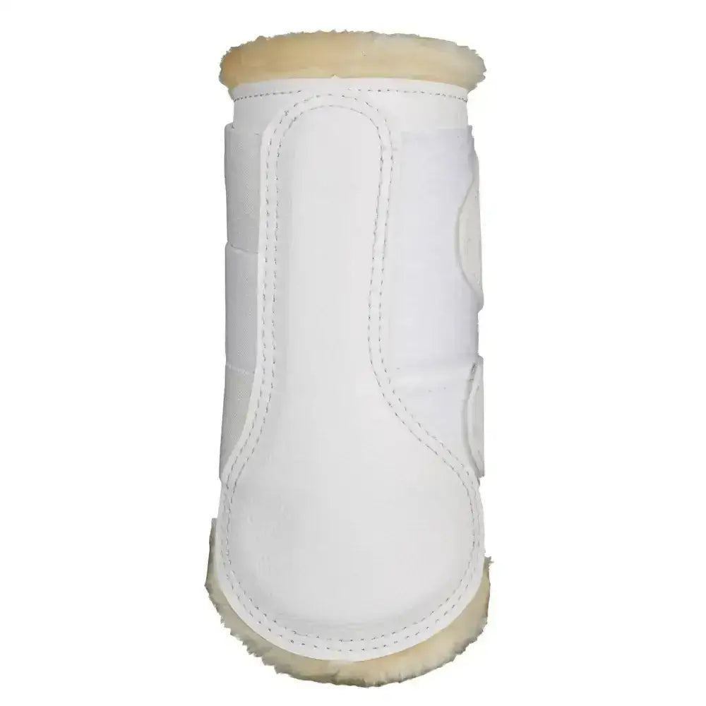 White leather lemieux fleece lined brushing boots with cream fleece lining and detailed stitching for a comfortable fit