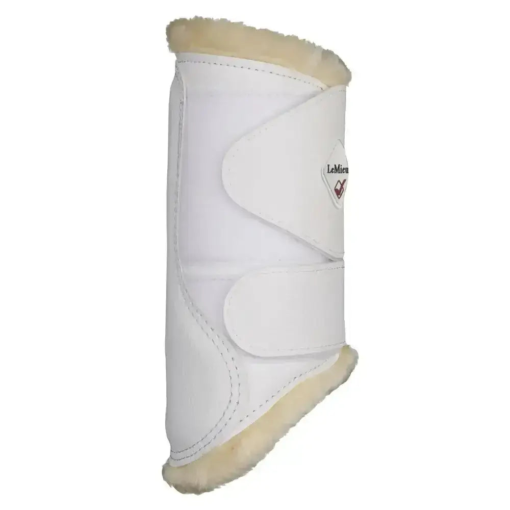 White leather lemieux fleece lined brushing boots with cream fleece lining and lemieux logo beautifully fitting brushing boots