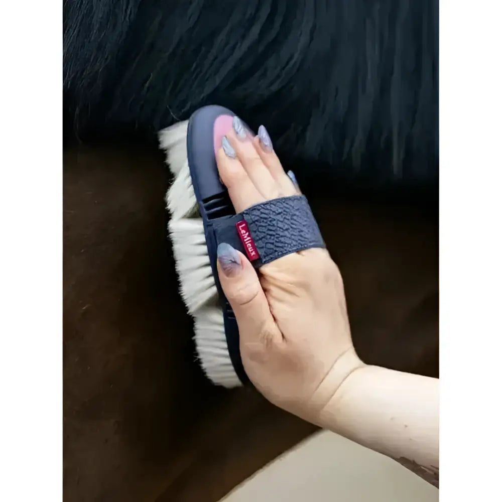 Lemieux flexi goat hair body brush peony in navy blue with white bristles and lambs logo on textured grip strap