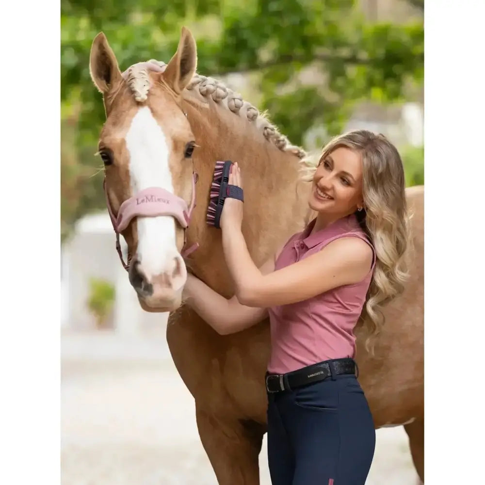 Pink lemieux flexi scrubbing brush peony with dark bristles and blue grip for easy horse grooming